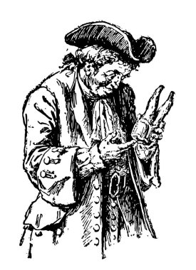 Kaptan, bu sahneyi bir adam şapka ve vintage çizim için elinde tutan büyük diş arıyorsunuz veya illüstrasyon oyma giydi gösterir