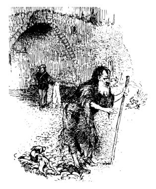 Denizci, bu sahneyi bir adam ayakta ve yaşlı bir adam onu, vintage çizgi çizme veya oyma illüstrasyon uzak yürüyor gösterir