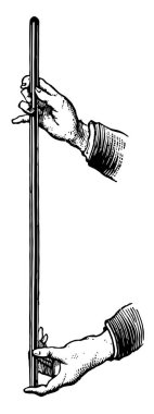 Bir karanlık sıvı, vintage çizgi çizme veya oyma illüstrasyon ile dolu bir cam tüp holding eller.