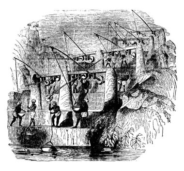 Bu örnek kullanır ağırlık kaldırma kovalarca su neredeyse zahmetsiz, vintage çizgi çizme veya oyma illüstrasyon yapmak olan Shadoof temsil eder..