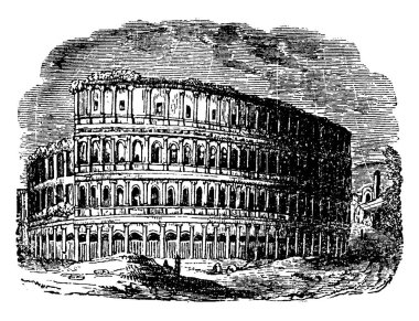 Roma, hava mekanları gladyatör mücadele, İmparatorluk dönemi, vintage çizgi çizme veya oyma illüstrasyon sırasında anıtsal gibi etkinlikler için kullanılan yükseltilmiş oturma ile Roma amfi.