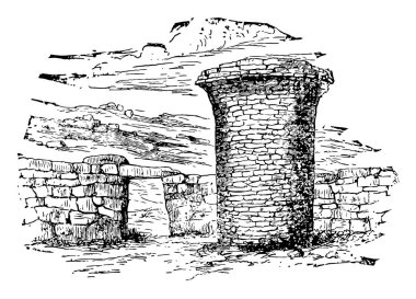 Mezar kule ansiklopedi Britanica, kara ya da deniz kabul edilemez, yükseltilmiş yapı inşa, vintage çizgi çizme veya oyma illüstrasyon.