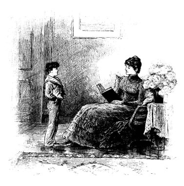 Masal saati, kitap, çocuk, Anne, evlat, okuma, vintage çizgi çizme veya oyma illüstrasyon.