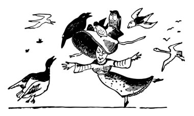 Edward Lear, bu sahne olan kaporta çözülmüş geldiğinde kuşlar ve uçan kuşlar, vintage çizgi çizme veya oyma illüstrasyon oturdu bir Bayan gösterir.