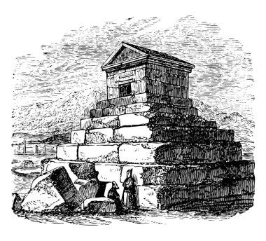 Cyrus Türbesi, Cyrus görme, kardeş Artaxerxes, onun asker, öfke ve hırs, arkadaşlık, vintage çizgi çizme veya oyma illüstrasyon avuç uçuş yakaladı..