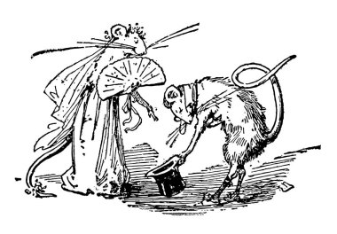 Bir fare giydirmek yukarıya ve eğildi şapka el, vintage çizgi çizme veya illüstrasyon oyma ile el fan ve başka bir fare holding