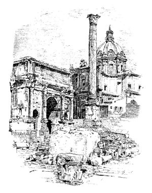 Severus, sütun Phokas, Roma, İtalyan binalar ve anıtlar, vintage çizgi çizme veya oyma illüstrasyon kemer.