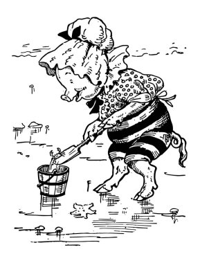 Bayan şişman, bu sahne küçük domuz giyinmiş ve yengeç kova su, vintage çizgi çizme içine koyarak veya illüstrasyon oyma gösterir