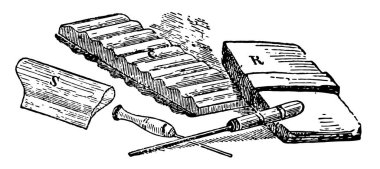 Bu resimde Currying aparatı, vintage çizgi çizme veya oyma resimde çeşitli türünü temsil eder..