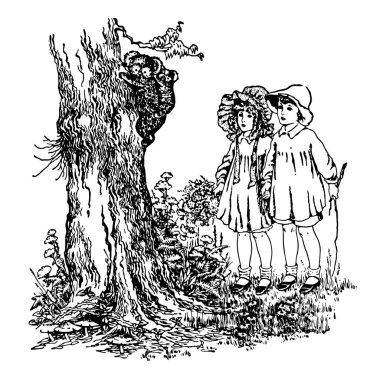 İki çocuk iki bebek ayı ağaç, vintage çizgi çizme veya oyma illüstrasyon arıyorsunuz