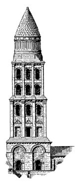 St. Front Kulesi, katılığı arttırır ve keskinliği arttırır, şehir merkezinde bulunan yüksek binalar, klasik çizim veya gravür çizimi.