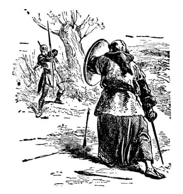 Kim kendini koruma kalkanı ile arka planda ağaç okları başka bir adam onun önünde ayakta doğru yay ile çekim bir adam, vintage satır çizim veya gravür illüstrasyon