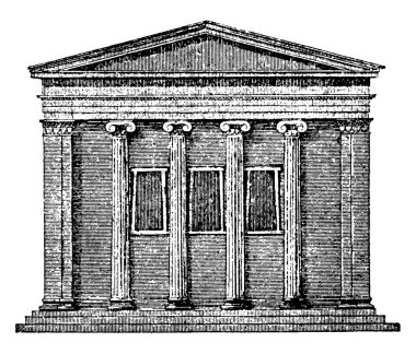 Jerry, Tetrastyle, bir Yunan iyonik, antik Yunan tapınakları yükselmesine kapsar tapınaklar, Ege Adaları, vintage çizgi çizme veya oyma illüstrasyon Yunan kasabalar.