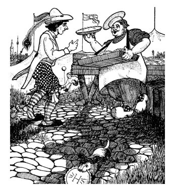 Tadına bakayım, bu sahnede turta satan bir adam ve ona soran bir adam var, ağzında turta tutan bir köpek, arka planda iki bayrak, klasik çizim ya da gravür.