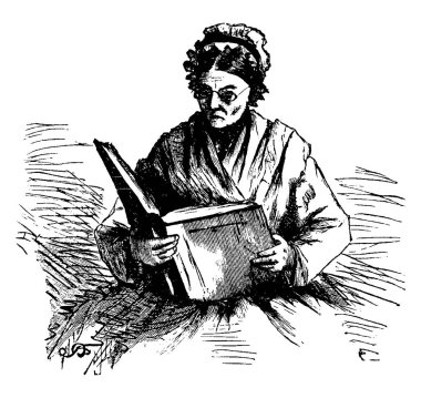 Büyük bir kitap okuyan kadın, yaşlı, kadın, sessiz, özel, klasik çizim ya da gravür çizimi.