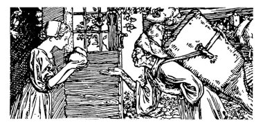 Oda yasak, bu sahnede bir şey elinde tutan bir kız gösterir ve onun yanında duran yaşlı kadına verilmesi, vintage satır çizim veya illüstrasyon oyma