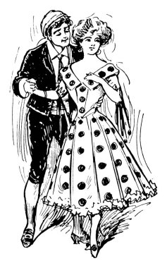 Duran ve tutarak onun el, vintage çizgi çizme veya illüstrasyon oyma takım elbiseli erkek polka dot elbiseli bir kız
