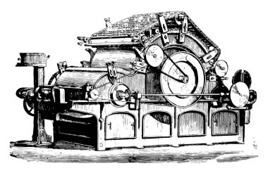 Bu örnekte düz makine disentangles ve temizler, vintage çizgi çizme veya oyma illüstrasyon mekanik bir işlem için kullanılan taraklama temsil eder..