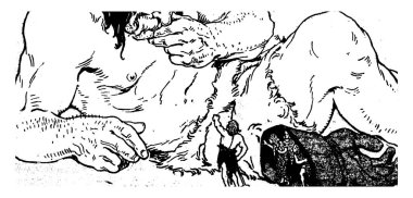 Vücut dev adam ve eldiven üç küçük insanlar, dev adam, vintage çizgi çizme veya oyma illüstrasyon konuşmak başka bir küçük adam