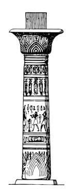 Mısır sütun, antik, Mısır, renkli, tasvirleri, oyma, kabartma, boyalı, vintage çizgi çizme veya oyma illüstrasyon.