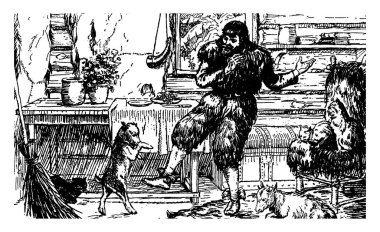 The Adventures of Alexander Selkirk, this scene shows a man teaching something to dog, it also shows two cats and one animal, books and small plants in background, vintage line drawing or engraving illustration  clipart