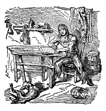 Robinson Crusoe and his diary, this scene shows a boy sitting on chair and writing diary, diary kept on table in front of him, dog and cat on ground, vintage line drawing or engraving illustration clipart