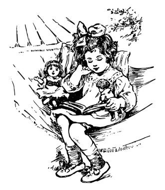 Kız okuma, kitap, Bebek, okuma, Parklar, sırları, çizim için vintage veya oyma illüstrasyon.