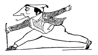 Edward Lear, bu sahnede sopa tutan ve bacaklarını esneten bir adam var. Klasik çizim ya da gravür.