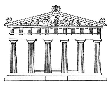 Tapınak Aegina veya bu tanrıça Aphaia, Batı Açık Tapınağı ile ilgili, bir kutsal karmaşık adanmış, Yunan Aigina Adası, vintage çizgi çizme veya oyma illüstrasyon.