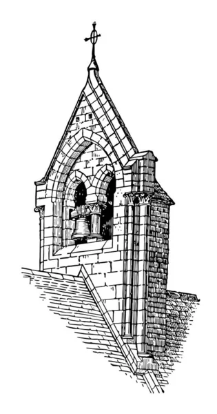 Колокольня Гейбл Башня Размещена Небольшие Церкви Часовни Винтажные Линии Рисунок — стоковый вектор