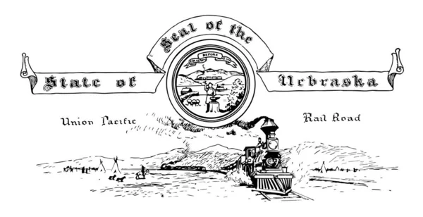 美国内布拉斯加州的印章 这封印中间有圆圈 中间有火车和山 下面有跑车 复古线画或雕刻插图 — 图库矢量图片