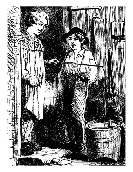 一个小男孩把钓鱼棍放在水桶里 另一个男孩站在他附近 复古线条画或雕刻插图 — 图库矢量图片