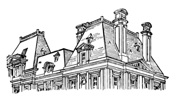 折线形屋顶有一个屋顶与2个斜坡上的所有4边 中途向下 被玻璃天窗刺穿 复古线条画或雕刻插图 — 图库矢量图片