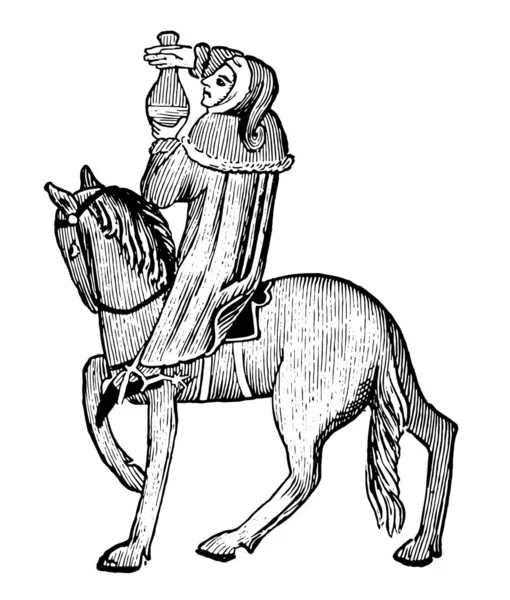 薬草博士薬草手 ヴィンテージの線描画や彫刻イラストで何かを保持して馬に乗っての医者の図 — ストックベクタ