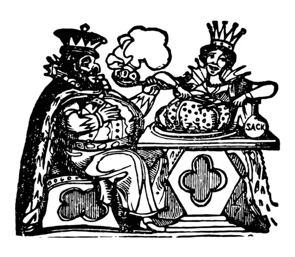 Król Artur Scena Pokazuje Król Królowa Siedzi Krzesłach Jeść Pudding — Wektor stockowy