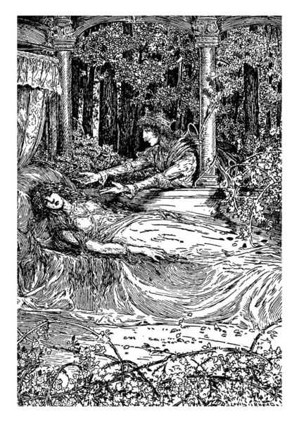 Una Giovane Donna Che Dorme Sul Letto Nella Foresta Vicino — Vettoriale Stock