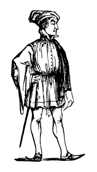 Gentleman Oblečený Patnáctém Století Móda Vintage Kreslení Čar Nebo Gravírování — Stockový vektor