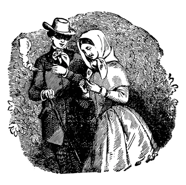 Eski ev bu sahneyi şapkalı bir adam baş ona yaklaşma, o sopa elinde tutarak duran kadın vintage çizim için konuşmak veya illüstrasyon oyma üzerinde gösterir