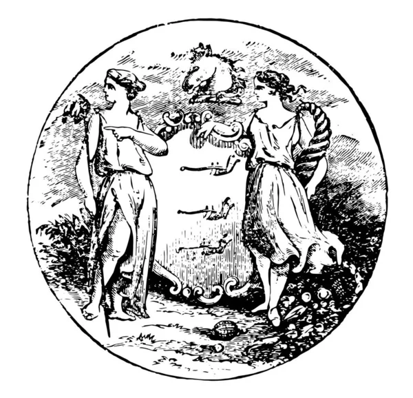 美国新泽西州的官方印章在 1889年 这个圆形的形状密封有三犁的盾牌 前朝向头盔 马头和两个女性人物 复古线条画或雕刻插图 — 图库矢量图片