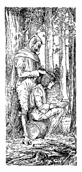 Медвежья Кожа Сцена Показывает Самку Сидящую Камне Мужчину Расчесывающего Волосы — стоковый вектор