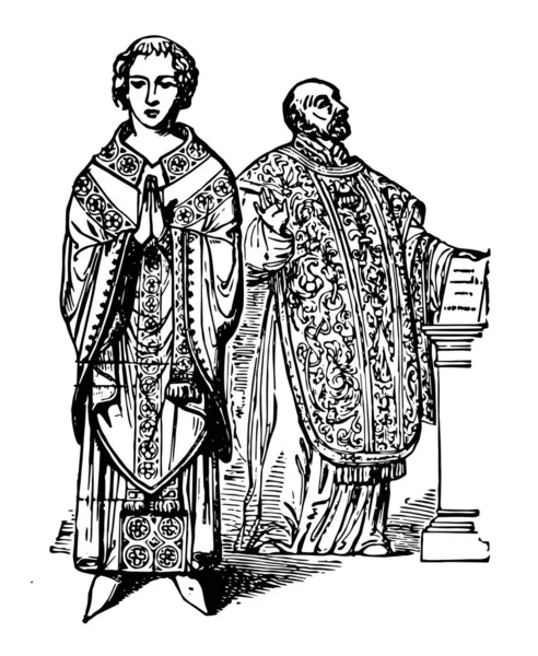 Chasuble Have Two Priests Wearing Garment Vintage Line Drawing Engraving — Stock Vector
