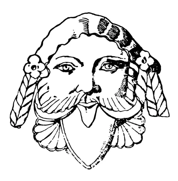 伊特鲁里亚面具是赤陶 复古线条画或雕刻插图 — 图库矢量图片