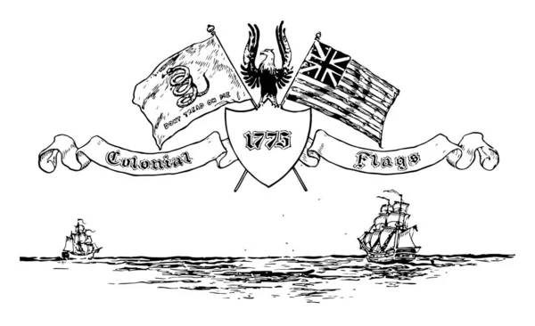 殖民时期的旗子从 1775年 这旗子有盾牌和老鹰在盾牌之上 二个旗子在老鹰的双方 它有日出 山在背景 复古线图画或雕刻例证 — 图库矢量图片