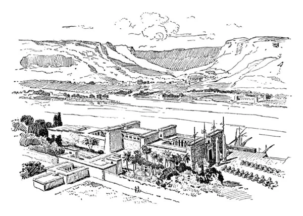 Templo Egipcio Templos Karnak Historia Religión Templos Dibujo Línea Vintage — Archivo Imágenes Vectoriales