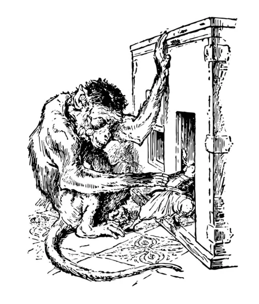 猴子抓住格列佛 这个场景显示一个巨大的猴子抓住一个小男人与爪子 拖出他的房子 复古线条画或雕刻插图 — 图库矢量图片