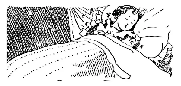 Enfant Dormant Lit Sur Cette Photo Dessin Vintage Gravure Illustration — Image vectorielle