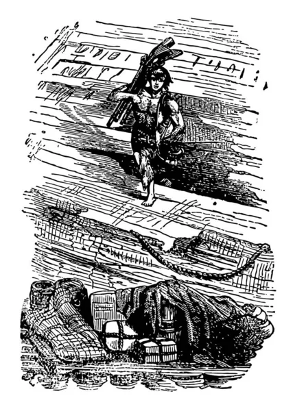 罗宾逊克鲁索掠夺沉船 顾名思义 这个场景显示一个男孩抢劫沉船 持有三枪在肩上 复古线条画或雕刻插图 — 图库矢量图片