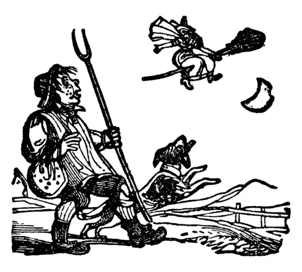 一个人和狗看着一个女巫骑在扫帚在空气中 复古线图画或雕刻插图 — 图库矢量图片
