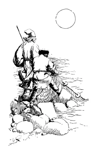 躺在指责 这一幕显示两个人站在岩石上的水与渔网 太阳在背景 复古线画或雕刻插图 — 图库矢量图片