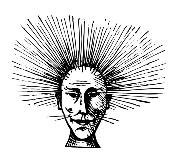 Лицо Человека Электрифицированными Волосами Этой Картинке Рисунок Винтажной Линии Гравировка — стоковый вектор